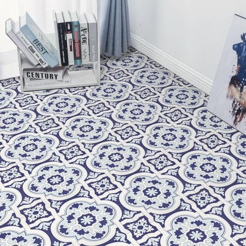Elffloor Peel and Stick Floor Tiles, Vinyl Flooring Self Adhesive Floor Tile, Waterproof Stick on Bathroom Kitchen, Blue PVC Material 30X30cm 10pcs