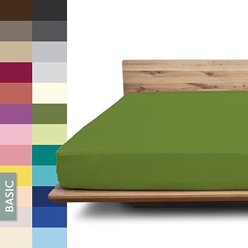 JONA SLEEP® Basic Spannbettlaken 180-200 x 200-220 cm - 190 g/m² faltenfreies Baumwoll-Jersey Leintuch, Made in Austria, Öko-Tex 100 Standard (olivengrün)