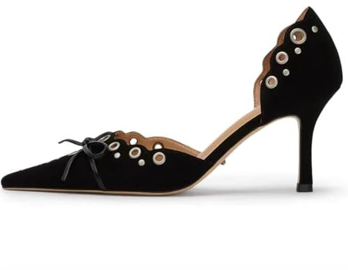 keleimusi Mid Heel Slip On Pumps Nieten Schleife Heeled Sandalen für Frauen, Schwarz 1, 39 EU