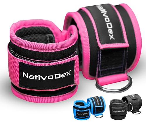 NativoDex Fußschlaufe Kabelzug (2 Stück) - Knöchelriemenscheiben Krafttraining Fußmanschetten mit 2 D-Ringen - Ankle Straps für Gym Fitness Training (Rosa)