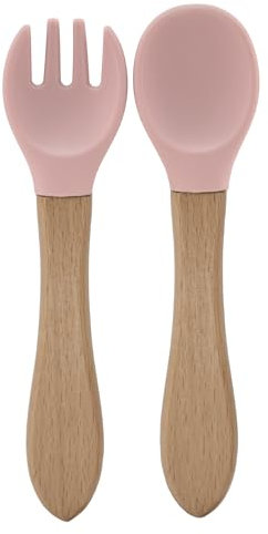 BABYZOCO Cubiertos Bebe Cuchara y Tenedor, Cubiertos aprendizaje bebe, Cubiertos de iniciación, Silicona Grado Alimentario Sin Bpa, Antibacteriana, A partir de 6 meses, Silicona y madera, rosa claro