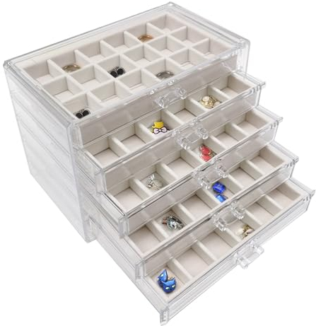 Jinavoty Caja de almacenamiento de aretes, caja de almacenamiento de joyas de acrílico con bandejas de terciopelo, organizador de almacenamiento de aretes para mujeres y niñas (beige, 5 cajones)