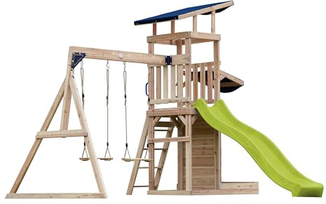 AXI Malik Wooden playhouse complete with 2 swings, yellow slide / Outdoor playground with sandpit and play wall / Slide with water connection | Outdoor wooden playhouse on stilts