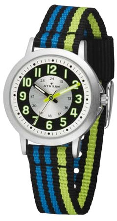Atrium Kinder Armbanduhr Jungen Analog Quarz extra deutlich mit gestreiftem Nylonband schwarz hellblau hellgrün A50-13