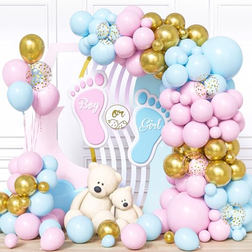Ousuga Arco Palloncini Rosa Blu Oro, 103Pezzi Kit Ghirlanda Palloncino Rosa e Blu Pastello Coriandoli Dorato Ragazza Ragazzo Bambino Baby Shower Genere Rivelare Battesimo Compleanno Matrimonio Deco