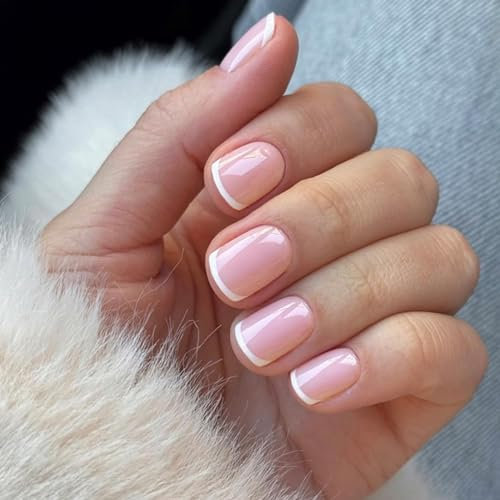 DMQ French False Nails, 24Pcs White Tip French Press on Nails, Full Cover Fake Nails Nude White Square Stick on Nails, Glue on Nail for Women Girls Nail Art (Nude)