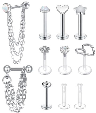 VFUN Flachrücken Vorwärts-Helix-Piercing 1.2mm Baumeln Kette 16G Chirurgenstahl Lippenpiercing Labret Piercing Conch Tragus Helix Piercing Für Damen