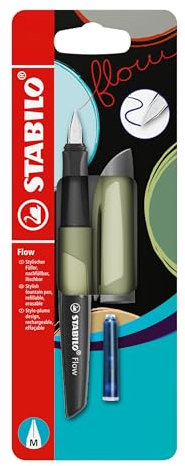 STABILO Flow - Fountain Pen - MONOCHROME - Medium Nib - Pack of 1 - Khaki including Blue Ink Cartridge
