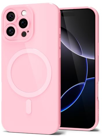Svanove for iPhone 16 Pro Max Phone Case Silicone Magnetic, Compatible with Magsafe Case Cute for Women, Girly Glossy Jelly Rubber Thin Slim Hard Plastic Mag Safe & Camera Cover Protection, Light Pink