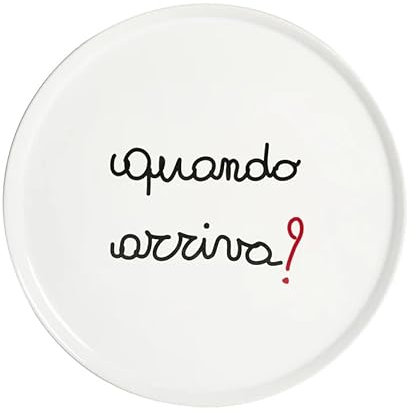 Simple Day Piatto Pizza 'Quando Arriva?', Ceramica, 31,5 cm, Bianco con Scritta Decorativa