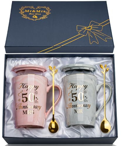 Golden Anniversary Wedding Gift, 2PCS Happy 50th Wedding Anniversary Mr and Mrs Gift Marble Ceramic Cups Set 14oz, 50 Years of Marriage, Golden Weddin-g for Couple, Parents, Grandparents, with Giftbox