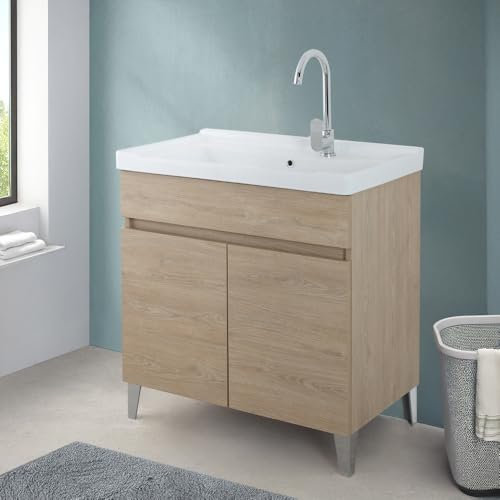 Mobile Lavatoio 79x46,8 Cm Rovere Dolomite Con Vasca In Ceramica Dotata Di Zona Strofinatoio, Struttura Già Montata In Legno Nobilitato Con 2 Ante Apribili A Gola