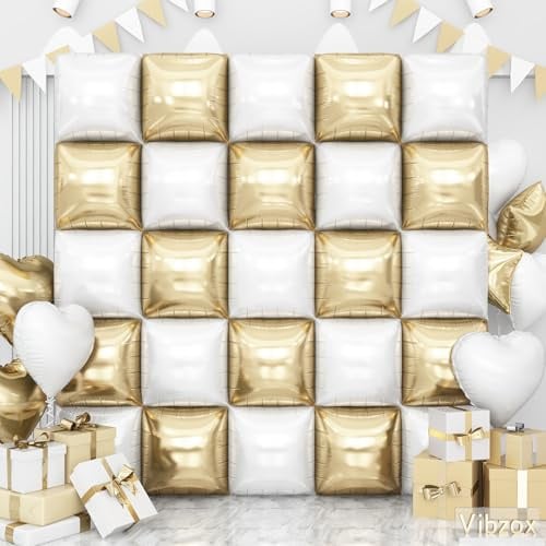 Gold White Square Foil Balloons Wall, 25PCS Double Sided Chrome Light Gold and White Balloons Tunnel Arch Kit Backdrop for New Years 2026 Birthday Wedding Engagements Bridal Shower Party Decorations