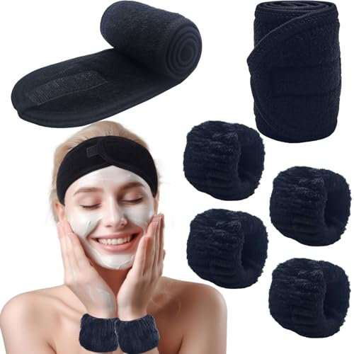 BTIYMU 6 Pièces Bandeau Cheveux Femme Maquillage Bracelet de Lavage Poignet Visage Esthétique, Serre Tete Maquillage Spa Reglable Bandeau Soin Visage Demaquillage Manchette Skincare Set(Noir)