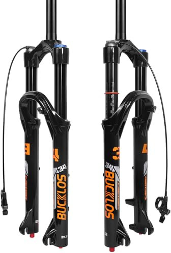 BUCKLOS 26/27.5/29 inch Travel 140mm MTB Air Suspension Fork, Rebound Adjustment 34mm Stanchions 1-1/8 Threadless Straight/Tapered 9*100mm QR Manual/Remote Lockout XC AM Mountain Bicycle Front Forks