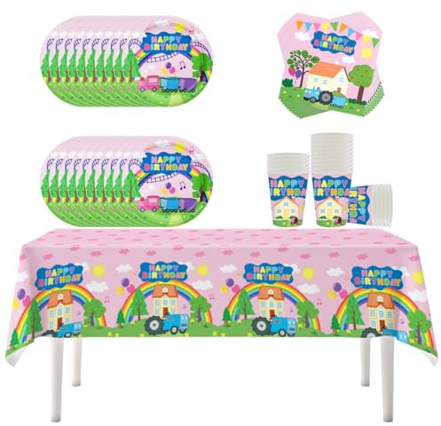 Fuwraixis 61 Stück Pink Piggy thematisch Partygeschirr, Peppa Partydekorationen, Kindergeburtstag Party Supplies Set, Enthält Pappteller, Becher, Servietten, Tischtücher, 20 Personen