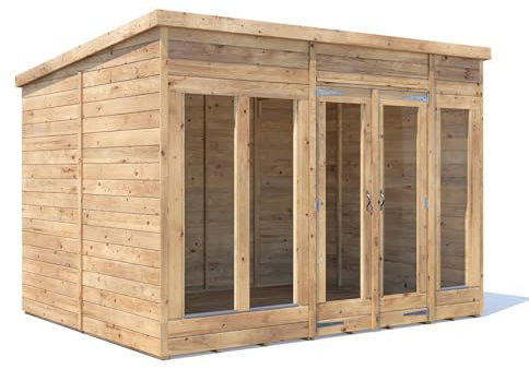 Dunster House Summerhouse 3m x 2.4m Pent Roof, Fully Pressure Treated Timber, 15mm Tongue and Groove, walls Roof and Floor, 4mm Toughened Glass, Superfelt and Fixings Included