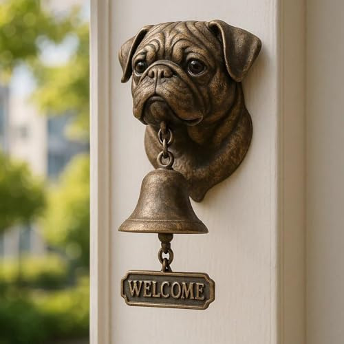 Pug Welcome Doorbell, Cast Iron Dinner Bell, Funny Retro Bulldog Doorbell, Farmhouse Vintage Doorbells Ornament, Pug Head Shape Decoration Hanging Bell Wall Mounted Ornamental-02