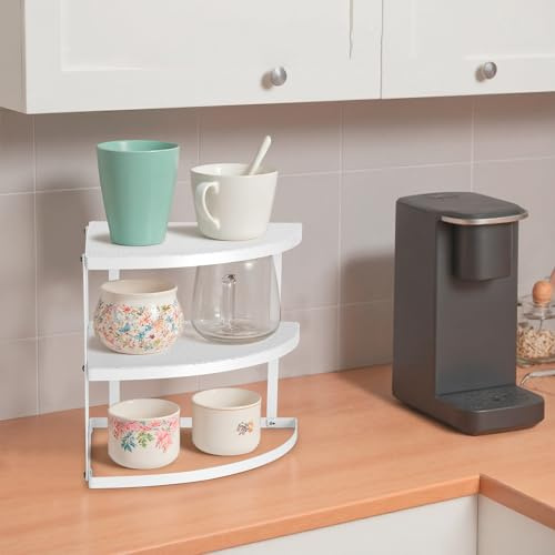 ROFAY 3-Tier Metal Corner Shelf Plate Organizer for Kitchen Counter & Cabinet, Corner Rack for Plates, Dishes, Pantry, and Bathroom Storage, White