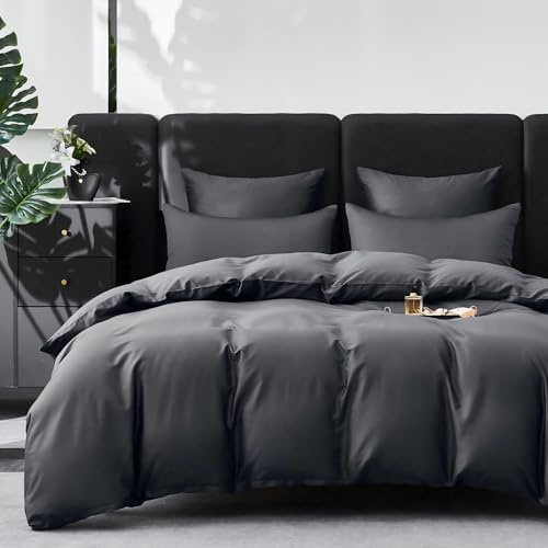 YASMENG Satin Bettwäsche 135x200 Dunkelgrau 100% Langstapelige Baumwolle Kühlend Mako Satin Bettwäsche 135 x 200 Weich Atmungsaktiv Bettbezug Set 2teilig mit Reißverschluss und 80x80 cm Kissenbezug