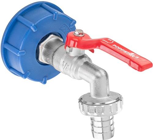 Poppstar IBC Auslaufhahn 3/4 Zoll auf 1 Zoll (Kugelhahn, IBC-Deckel S60x6-60mm Grobgewinde, Schlauchtülle 20mm), Messing vernickelt matt