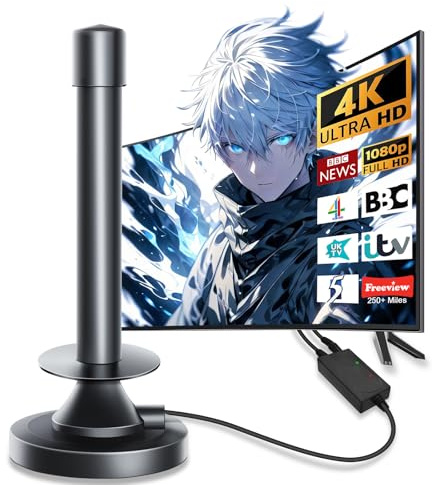 Indoor TV Aerial, Long Range Digital TV Aerial for Smart & Older TVs with Signal Booster, Magnetic Base, TV Antenna for Freeview Support 4K 1080P HD Local Channels & 18ft HD Cable