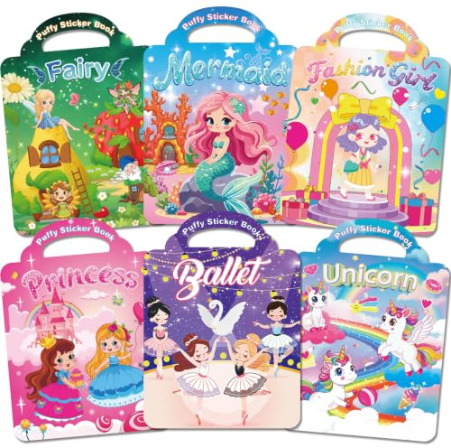 Kalysky 6 Libri Adesivi per Ragazze, 3D Gonfiosi Stickers Bambini Attacca Stacca, Temi-Unicorno, Sirena, Principessa, Fashion Girl, Fata, Balletto, Giocattolo Regalo di Compleanno per Ragazze