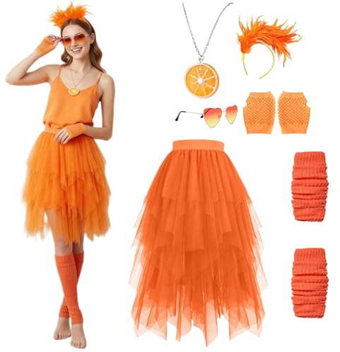 Damen Karneval Kost체m Set 3-teiliges Fasching Party Outfit Enth채lt Orange T체llrock Haarreif Ohrringe, Orange Faschingskost체me f체r Fasching Festival Party Mottopartys und Sommerfeste
