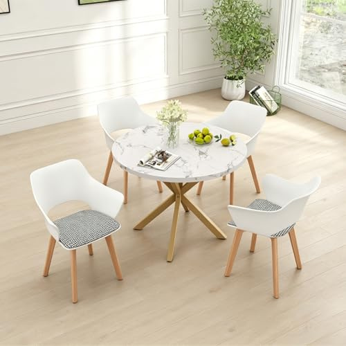 HJhomeheart Nordisches Esstisch und Stuhlset, 100×100×76.5 cm Runder Esstisch, 4 Gepolsterte Küchenstühle, Beine aus Buchenholz, für Esszimmer, Wohnzimmer, Küche (Marmor-GD + Weiß)