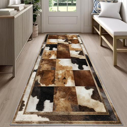 Western Cowhide Carpet Runners for Hallways 60x240cm Rustic Cowhide Carpet Runner, Brown Cow Print Long Area Rug, Machine Washable Rug for High Traffic Areas in Hallway