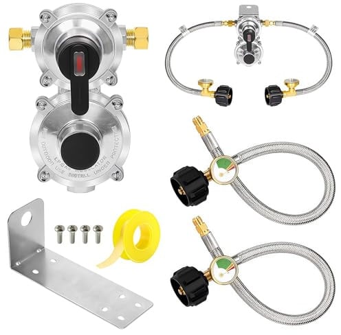 Détendeur de Propane, Détendeur Gaz Caravane Propane à Deux Étages avec Tuyau de 45,7 cm Régulateur Automatique de Gaz avec Manomètre et Voyants Lumineux pour le Grillades en Plein Air et Camping