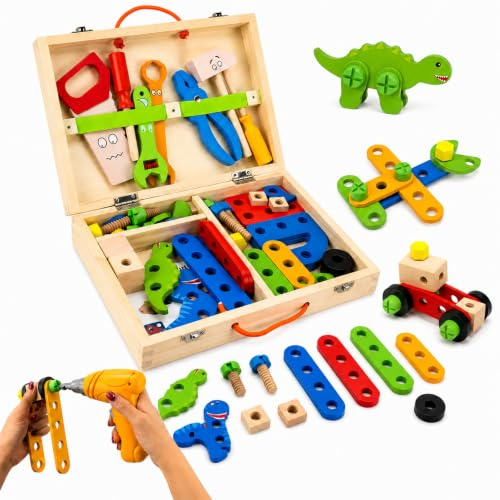 Wooden Tool Set, 48-Piece Dinosaur Building Toy with Electric Drill