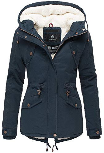 MARIKOO Manolya Damen Winter Jacke Parka Mantel Teddyfell warm gefüttert Blau 34 - XS