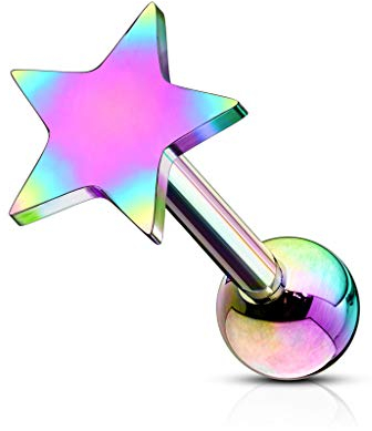 beyoutifulthings 1 Knorpel Ohr-stecker Flat-Top Stern Cartilage Labret Piercing-s Tragus Regenbogen Edelstahl Schraub-Verschluss Steg 6,5/1,2mm
