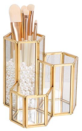 SLHEQING Make Up Pinsel Organizer Pinsel Aufbewahrung Gold Schminktisch Organizer Glas Pinselhalter, Kosmetik Organizer für Badezimmer, Arbeitsplatte, Schreibtischablage