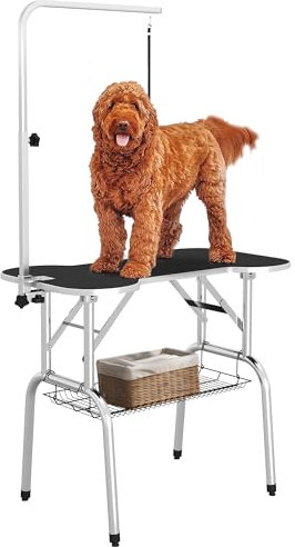 PawHut Foldable Dog Grooming Table Pet Drying Table with Adjustable Arm Non-Slip Rubber Tabletop Aluminium Alloy Edge Stainless Steel Bar Sling 94.5 x 55 x 81cm Black