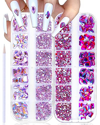 WOKOTO 2 Box Flat Back Pink And Rose AB Nail Rhinestones For Nails Face Rhinestones For Crafts Big Nail Crystal Rhinestones For Acrylic Nails Nail Diamonds For Nails Stones Crystals For Nails