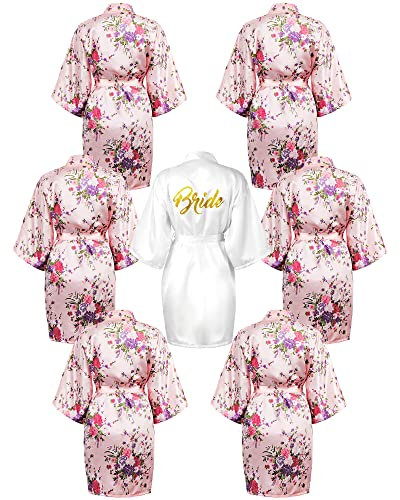 Jecery Lot de 7 peignoirs de demoiselle d'honneur en satin pour mariage, kimono court à paillettes florales pour femme, blanc/rose, Taille unique