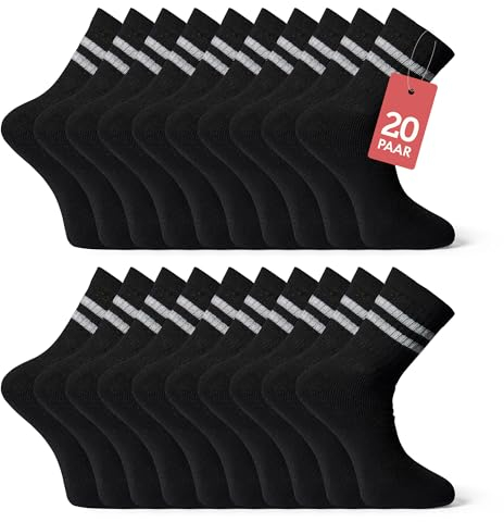 Basic Treasure 20 Paar Tennissocken Herren & Damen 47-49, Sportsocken Baumwolle, Atmungsaktive Tennis Crew Socken, Schwarz