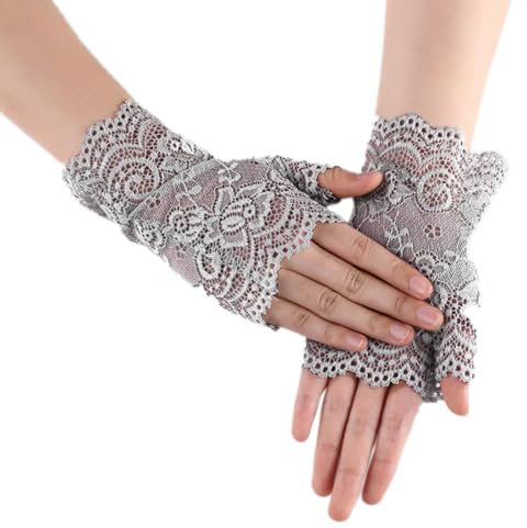 Whakano 1 Paar Damen Fingerlose Spitzen Handschuhe,Kurze Hochzeitshandschuhe,Kurz Geschnittene Fingerlose Gloves Damen Mädchen Braut,für Halloween,Bankett,Party,Hochzeit,Tea Party Zubehör,Grau