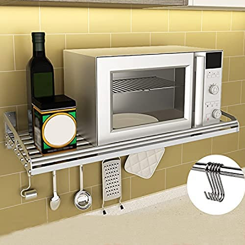 Rejilla De Pared para Horno De Microondas, Estante De Pared De Almacenamiento De Cocina De Acero Inoxidable, con 5 Ganchos para Almacenamiento De Escritorio De Cocina Ahorre Espacio, para M