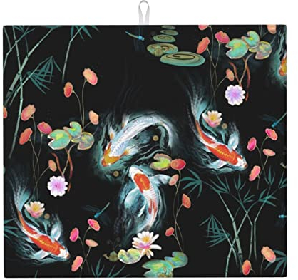 Dish Drying Mat 41x46cm, Japanese Water Garden Black Sink Mats Print Dish Dryer Pad with Hanging Loop Drainer Mat, for Glass Plate, Beer Glass, Dish Drainer