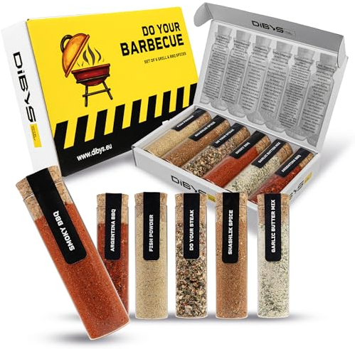 DIBYS Set Regalo di Spezie da Barbecue per Uomini & Donne | 6 Preziose Spezie BBQ per Carne, Pesce & Verdure alla Griglia con Ricette Incluse | Spezie per Bistecca, BBQ Affumicato & Altro