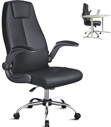 BASETBL Bürostuhl Ergonomisch, Bürostühle mit Klappbare Armlehnen, Wippfunktion, Höhenverstellbar, Chefsessel Leder 150 KG, Schreibtischstuhl, Office Chair, Drehstuhl, Bürosessel (Schwarz)
