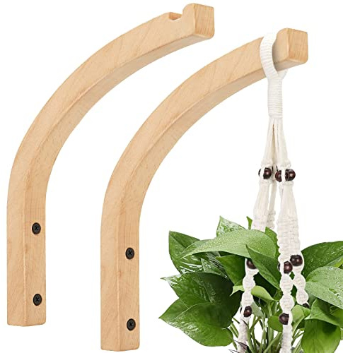 Smowfes Wooden Wall Hooks for Plants - 8 Inch Indoor Plant Hangers, 2 Pack Decorative Wood Wall Hooks for Hanging Planters, Lanterns, Wind Chimes & Garden Decor (Natural Wood, Heavy Duty)