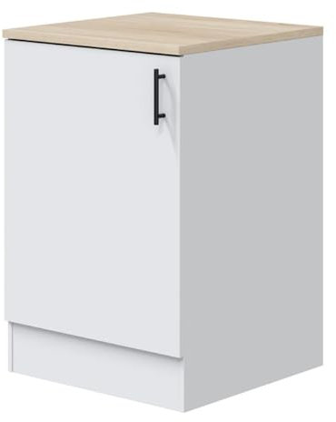 PEGANE Meuble Bas de Cuisine avec Plan de Travail, 1 Porte Coloris Blanc Brillant/chêne Canadien - Hauteur 90 x Longueur 60 x Profondeur 60 cm