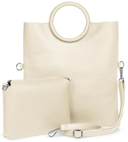 Caspar 2 in 1 Leder Set Umhängetasche mittelgroße Damen Handtasche Crossbody Bag mit herausnehmbarer Innentasche - CLASSIC LINE - Modell No.836 - Made in Italy, Farbe:beige