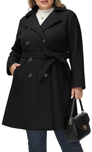 Hanna Nikole Damen Wollmantel Große Größen Zweireihiger Winter Mantel mit Taschen Gürtel Langarm Mittellanger Trenchcoat