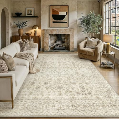 PureCozy Vintage Teppich Wohnzimmer 200x300cm Beige Waschbar Groß Teppiche | Retro Teppich,Waschbar,Rutschfest,Weich Kurzflor,für Schlafzimmer,Esszimmer,Büro Rug