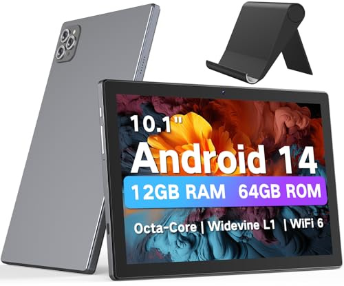 FIEKVE Android Tablet 10 Inch, Android 14 Tablets for Adults, Octa-Core, 12GB RAM, 64GB Storage(2TB Expand), Large Touch Screen Tablets with Long-Life Battery, WiFi 6 & Bluetooth 5.0